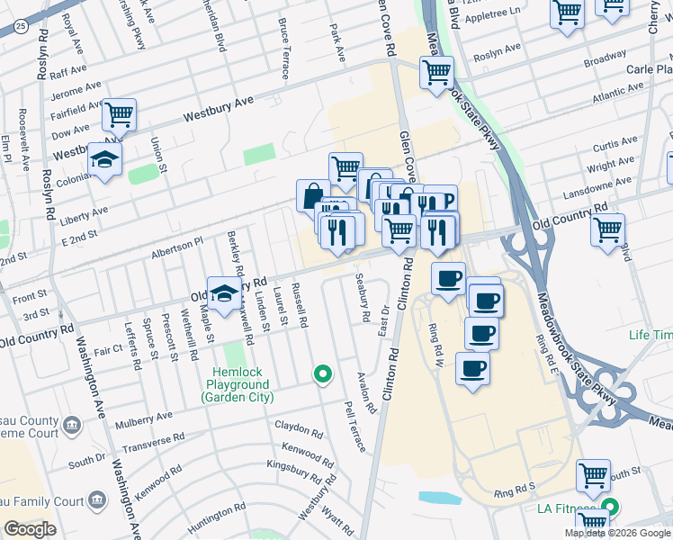 map of restaurants, bars, coffee shops, grocery stores, and more near 14 Seabury Road in Garden City