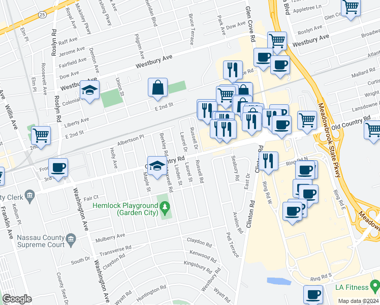 map of restaurants, bars, coffee shops, grocery stores, and more near 90 Russell Road in Garden City