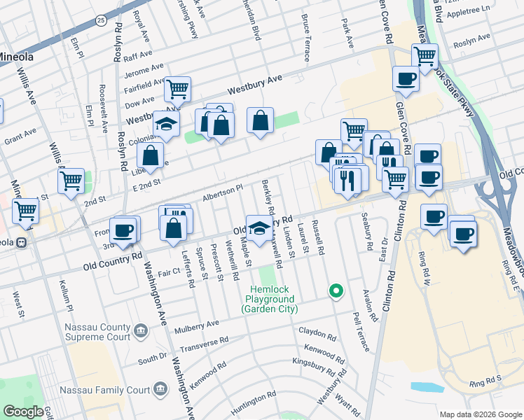 map of restaurants, bars, coffee shops, grocery stores, and more near 4 Kenilworth Road in Mineola