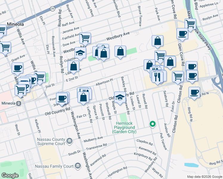 map of restaurants, bars, coffee shops, grocery stores, and more near 12 Croyden Road in Mineola
