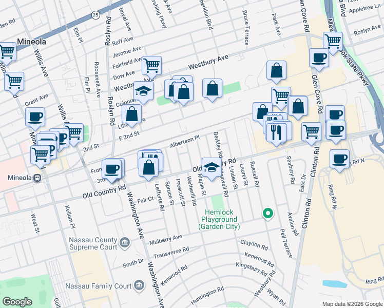 map of restaurants, bars, coffee shops, grocery stores, and more near 12 Croyden Road in Mineola