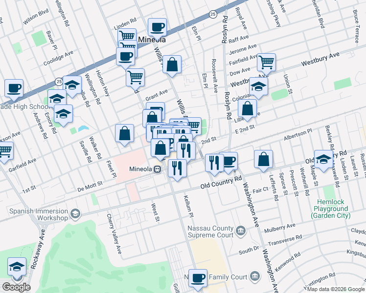 map of restaurants, bars, coffee shops, grocery stores, and more near 82 Main Street in Mineola