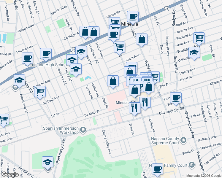 map of restaurants, bars, coffee shops, grocery stores, and more near 270 1st Street in Mineola