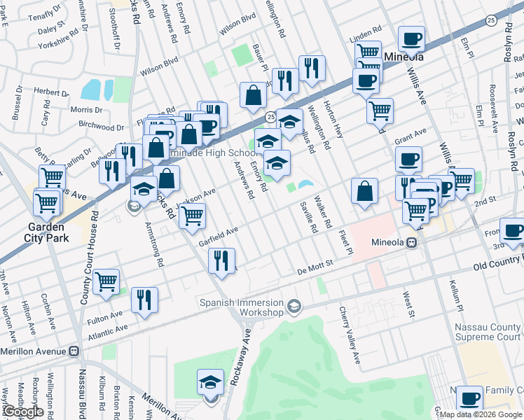 map of restaurants, bars, coffee shops, grocery stores, and more near 165 Andrews Road in Mineola