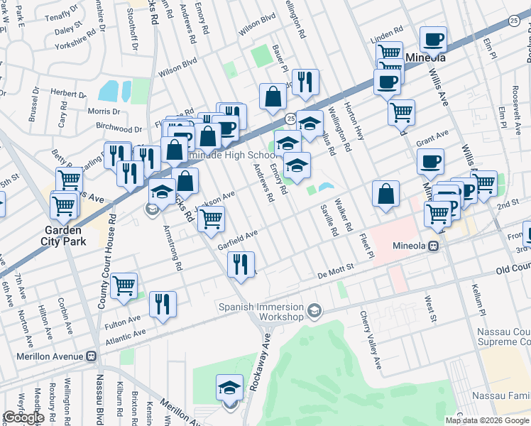 map of restaurants, bars, coffee shops, grocery stores, and more near 404 Garfield Avenue in Mineola