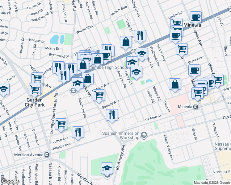 map of restaurants, bars, coffee shops, grocery stores, and more near 404 Garfield Avenue in Mineola