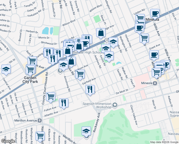 map of restaurants, bars, coffee shops, grocery stores, and more near 185 Beebe Road in Mineola