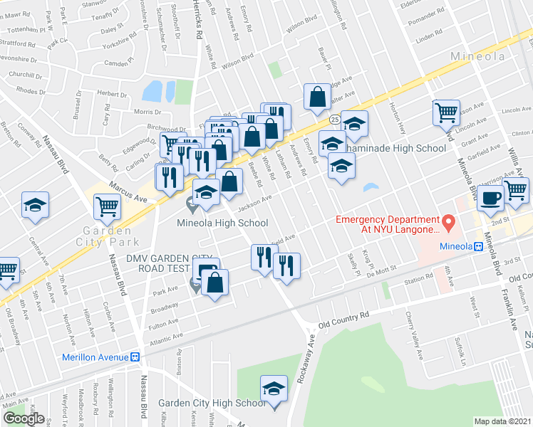 map of restaurants, bars, coffee shops, grocery stores, and more near 185 Beebe Road in Mineola