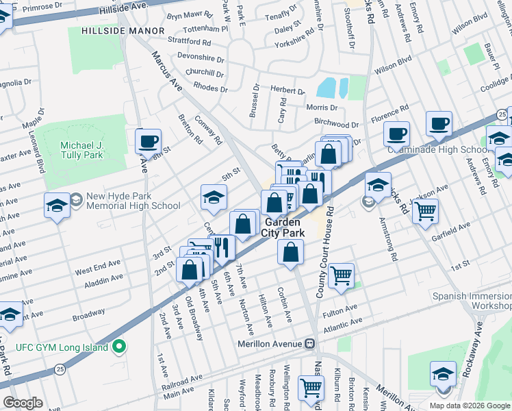 map of restaurants, bars, coffee shops, grocery stores, and more near 114 2nd Street in New Hyde Park