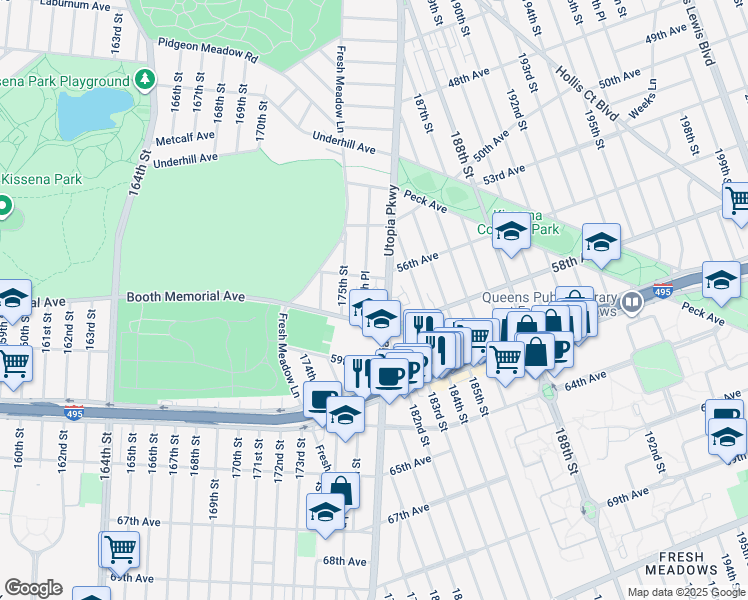 map of restaurants, bars, coffee shops, grocery stores, and more near 175-15 Booth Memorial Avenue in Queens