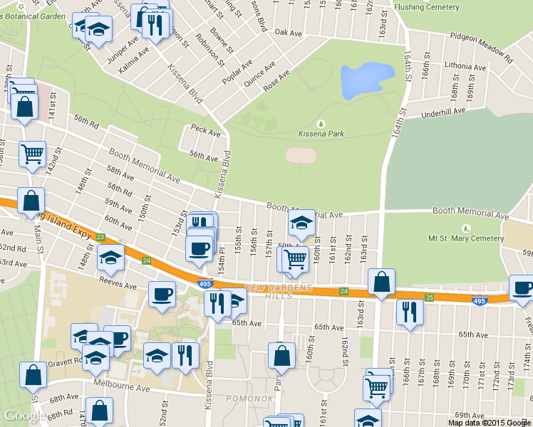 map of restaurants, bars, coffee shops, grocery stores, and more near 57-37 156th Street in Queens