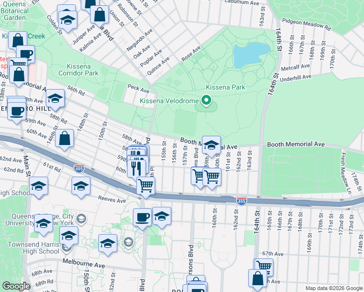 map of restaurants, bars, coffee shops, grocery stores, and more near 57-37 156th Street in Queens