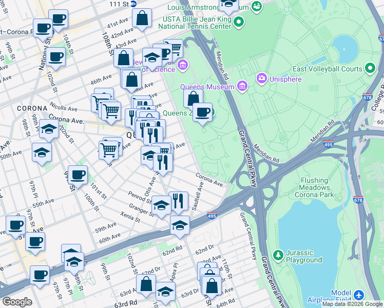map of restaurants, bars, coffee shops, grocery stores, and more near in Queens