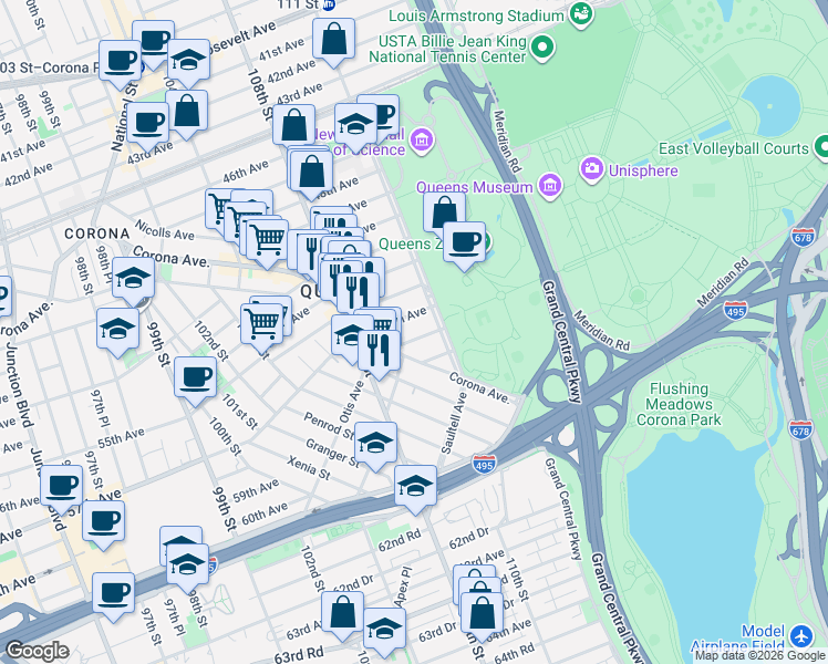map of restaurants, bars, coffee shops, grocery stores, and more near 110-06 55th Avenue in Queens