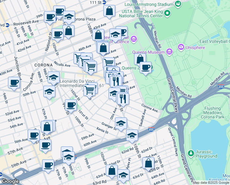 map of restaurants, bars, coffee shops, grocery stores, and more near 54-19 108th Street in Queens