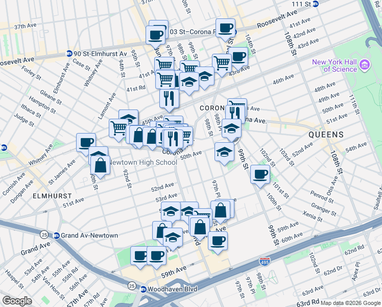 map of restaurants, bars, coffee shops, grocery stores, and more near 50-16 97th Street in Queens