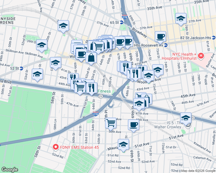 map of restaurants, bars, coffee shops, grocery stores, and more near 42-67 65th Place in Queens