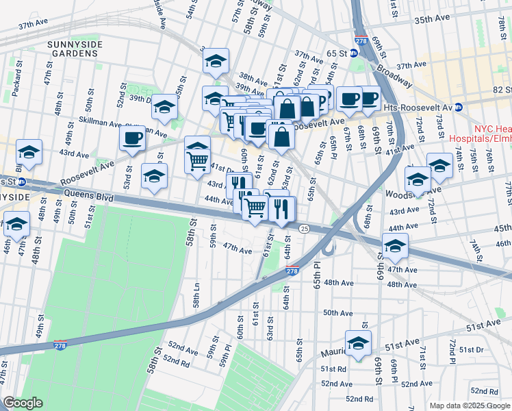 map of restaurants, bars, coffee shops, grocery stores, and more near in Queens