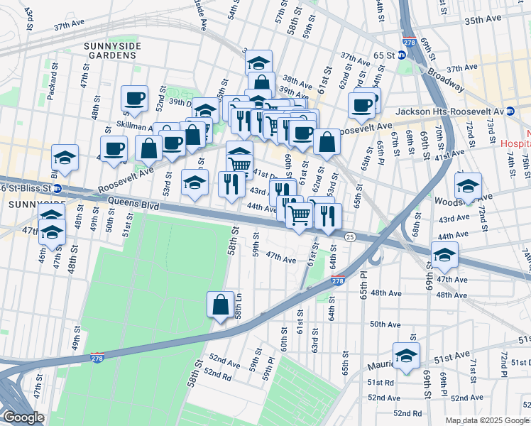 map of restaurants, bars, coffee shops, grocery stores, and more near in Queens