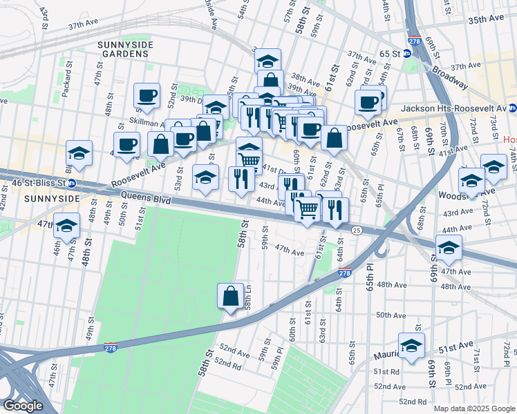 map of restaurants, bars, coffee shops, grocery stores, and more near in Queens