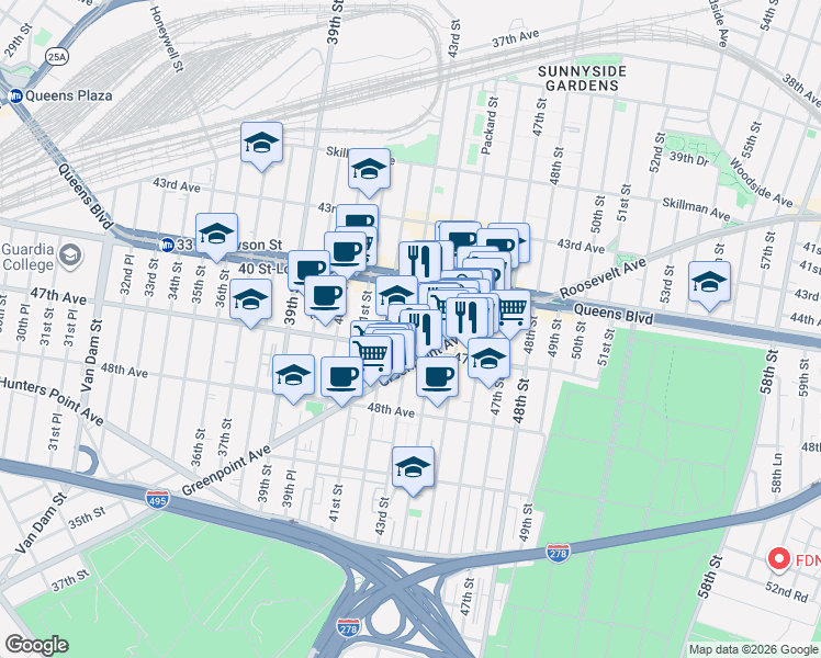 map of restaurants, bars, coffee shops, grocery stores, and more near 43-09 47th Avenue in Queens