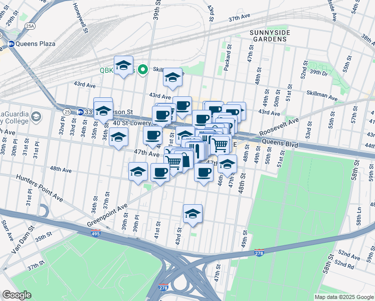 map of restaurants, bars, coffee shops, grocery stores, and more near 43-09 47th Avenue in Queens