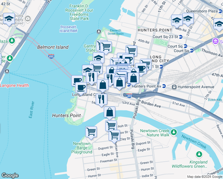 map of restaurants, bars, coffee shops, grocery stores, and more near 404 Borden Avenue in Queens