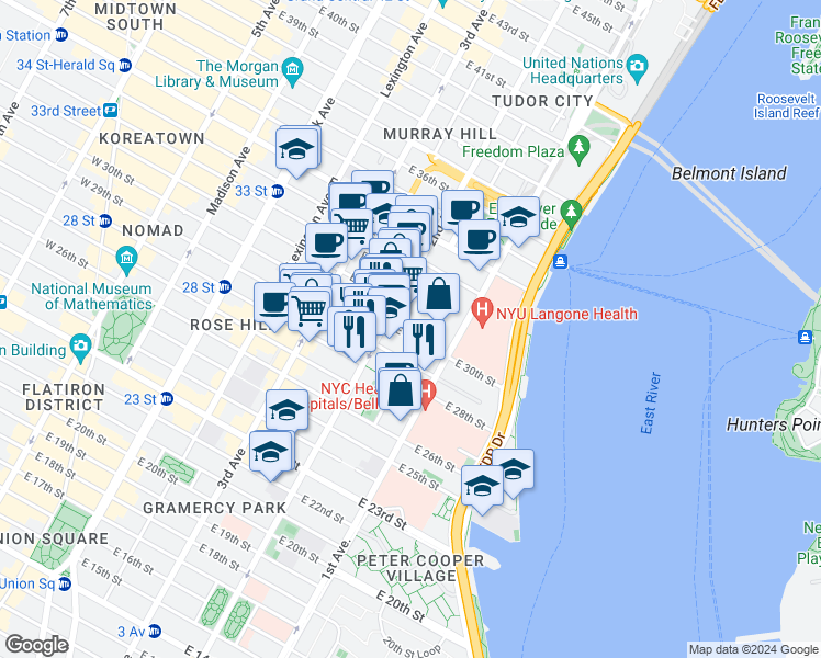 map of restaurants, bars, coffee shops, grocery stores, and more near 323 East 29th Street in New York