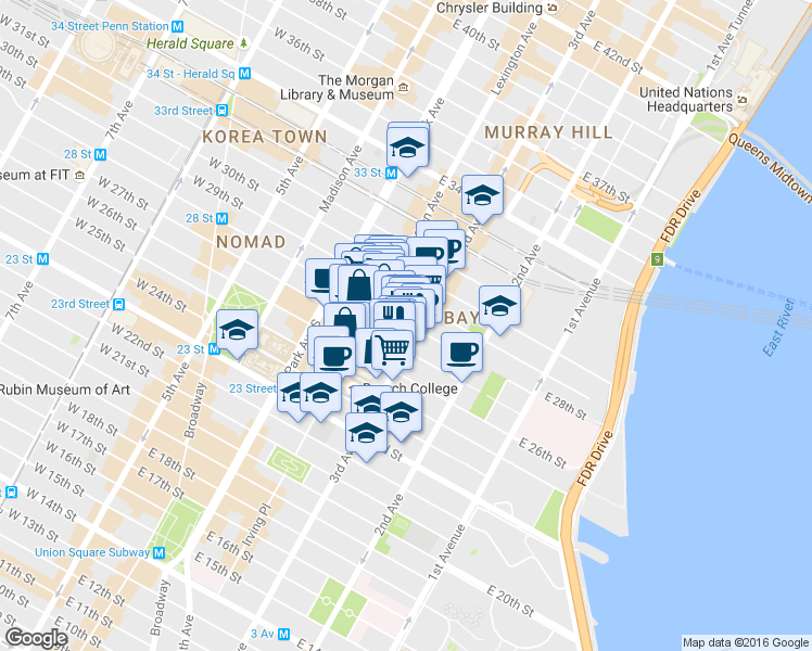 map of restaurants, bars, coffee shops, grocery stores, and more near in New York