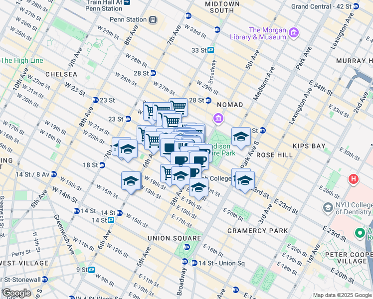 map of restaurants, bars, coffee shops, grocery stores, and more near in New York