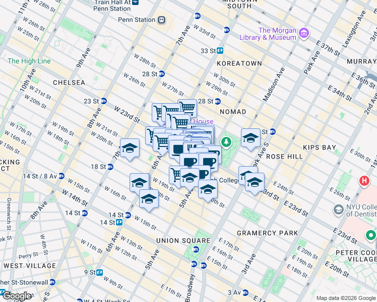 map of restaurants, bars, coffee shops, grocery stores, and more near in New York