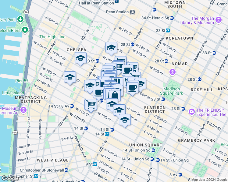 map of restaurants, bars, coffee shops, grocery stores, and more near in New York