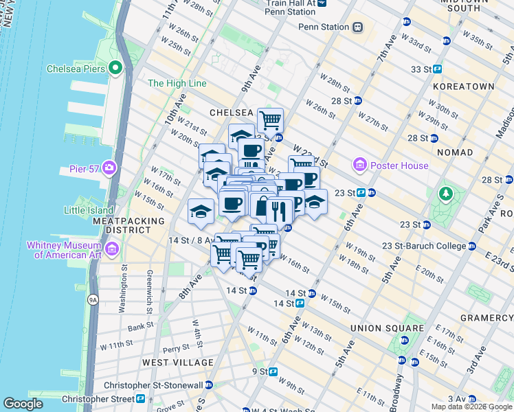 map of restaurants, bars, coffee shops, grocery stores, and more near in New York
