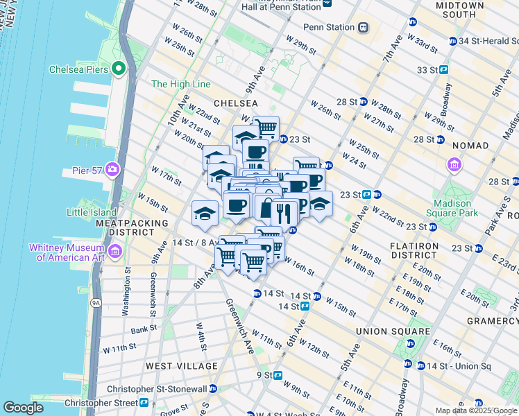 map of restaurants, bars, coffee shops, grocery stores, and more near in New York