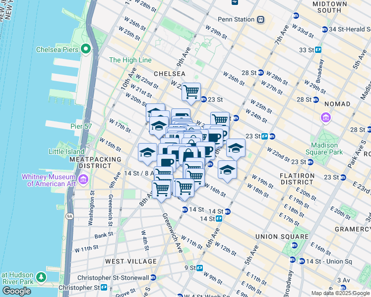 map of restaurants, bars, coffee shops, grocery stores, and more near in New York