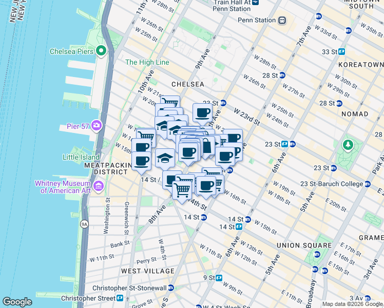 map of restaurants, bars, coffee shops, grocery stores, and more near 128 8th Avenue in New York