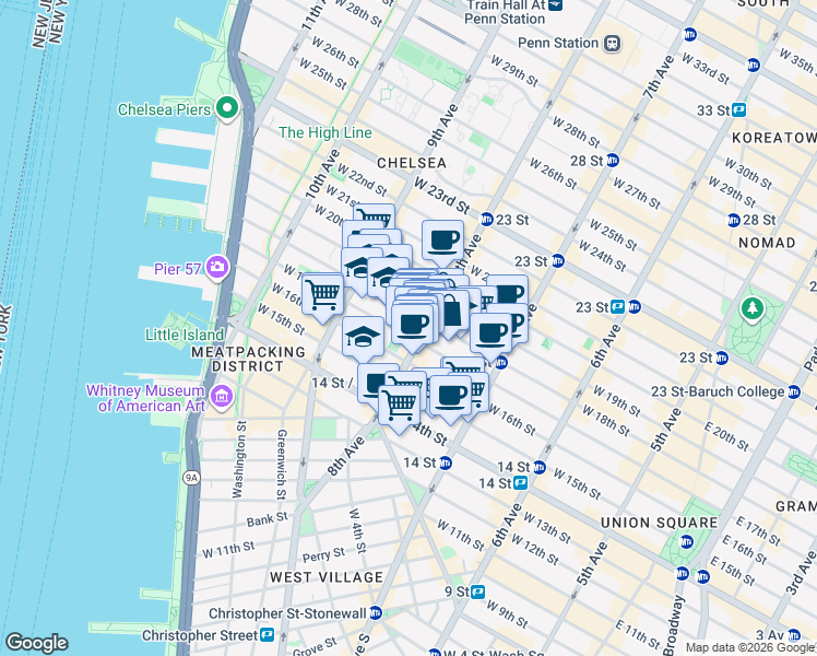 map of restaurants, bars, coffee shops, grocery stores, and more near 128 8th Avenue in New York