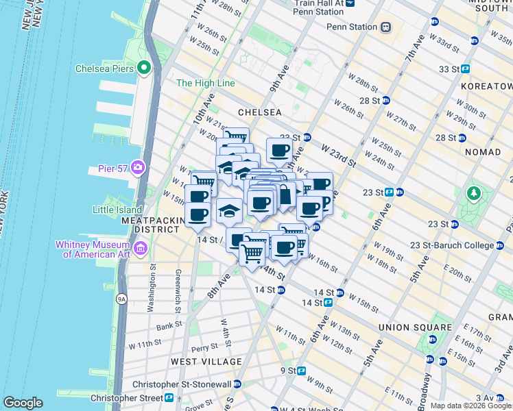map of restaurants, bars, coffee shops, grocery stores, and more near 128 8th Avenue in New York