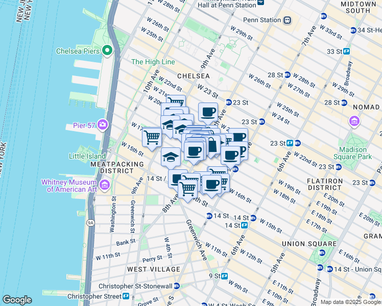 map of restaurants, bars, coffee shops, grocery stores, and more near 128 8th Avenue in New York