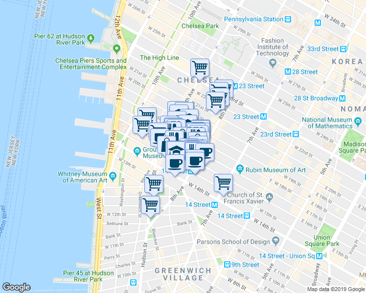 map of restaurants, bars, coffee shops, grocery stores, and more near in New York