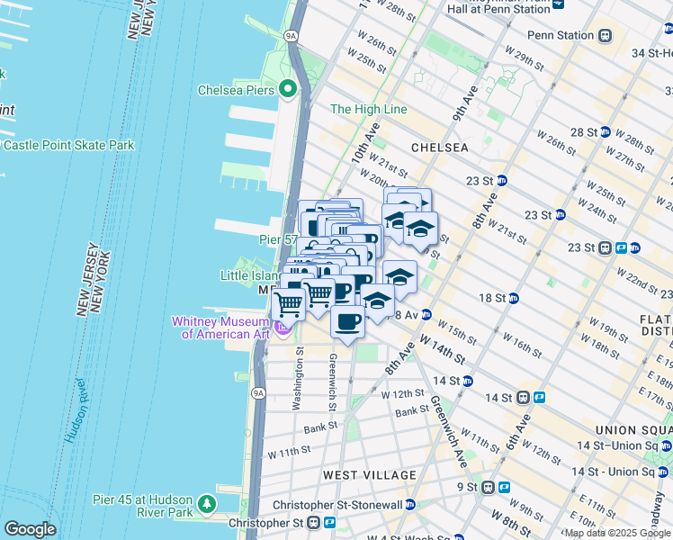 map of restaurants, bars, coffee shops, grocery stores, and more near in New York