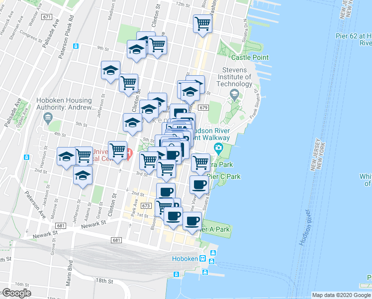 map of restaurants, bars, coffee shops, grocery stores, and more near 407 Washington Street in Hoboken