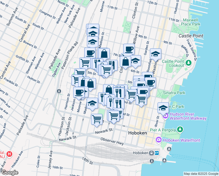 map of restaurants, bars, coffee shops, grocery stores, and more near 313 Grand Street in Hoboken