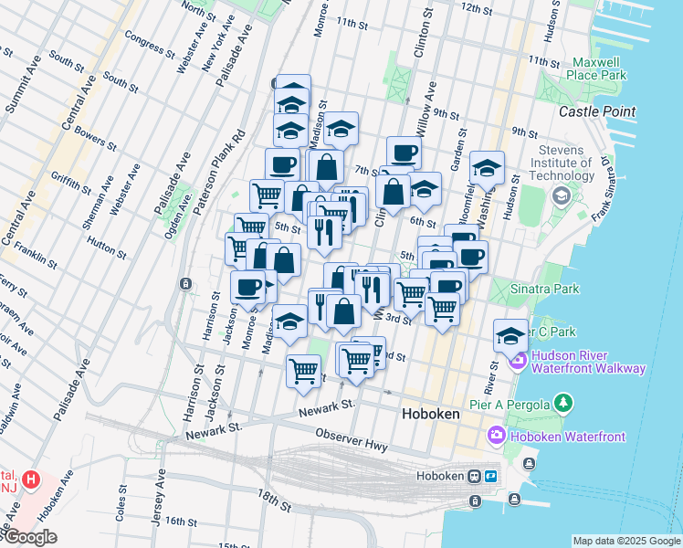 map of restaurants, bars, coffee shops, grocery stores, and more near in Hoboken