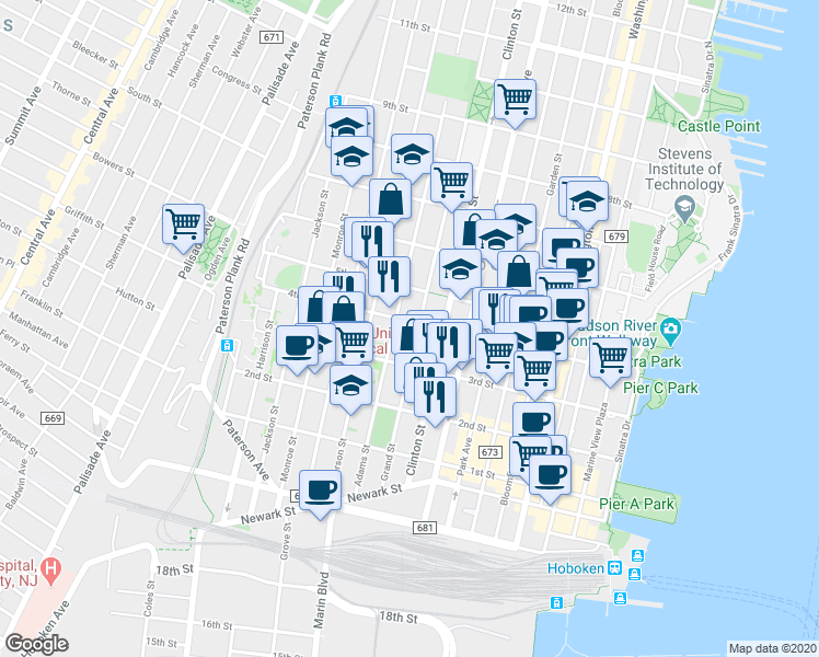 map of restaurants, bars, coffee shops, grocery stores, and more near in Hoboken