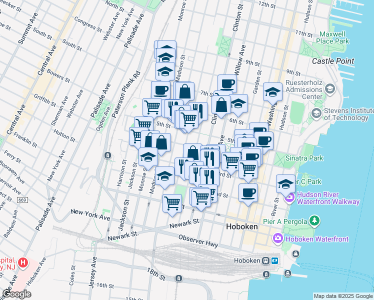 map of restaurants, bars, coffee shops, grocery stores, and more near in Hoboken