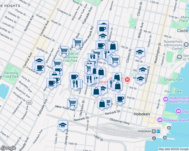 map of restaurants, bars, coffee shops, grocery stores, and more near 3rd Street in Hoboken