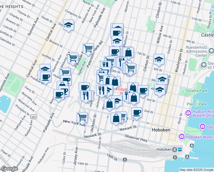 map of restaurants, bars, coffee shops, grocery stores, and more near 3rd Street in Hoboken