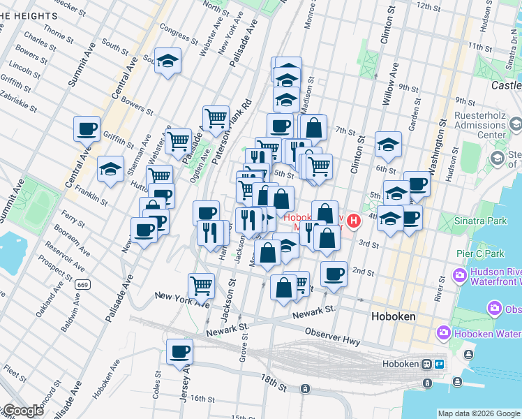 map of restaurants, bars, coffee shops, grocery stores, and more near 3rd Street in Hoboken