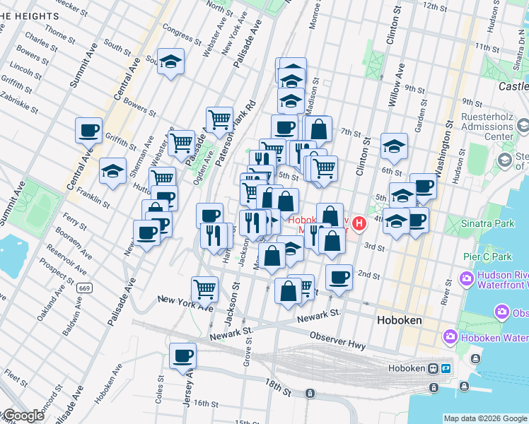 map of restaurants, bars, coffee shops, grocery stores, and more near 3rd Street in Hoboken